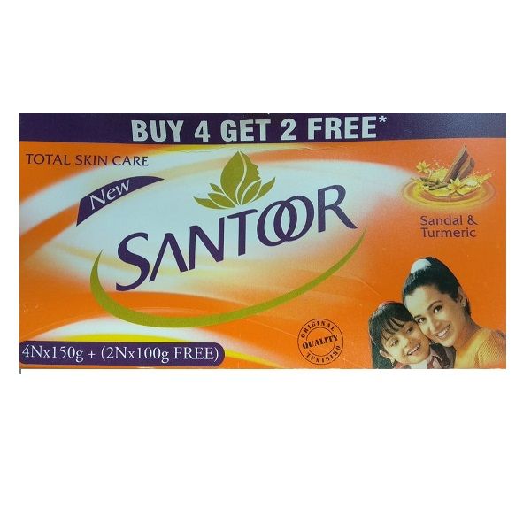 Santoor Orange Soap - Sandal & Turmeric, 150g (Buy 4 Get 2 (100g) Orange Soap FREE)