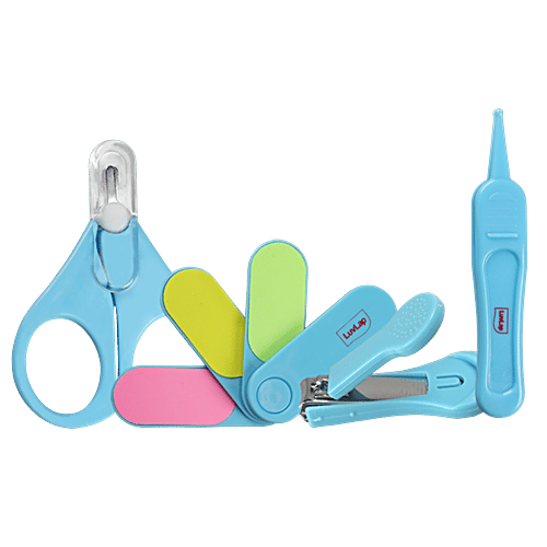 LuvLap Baby Grooming Scissors & Nail Clipper Set - Blue, 4pcs (MI)