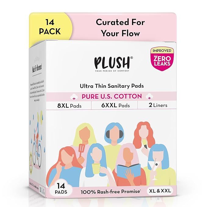Plush 100% Pure Us Cotton Ultra Sanitary Pads For Women - 14pc ( XL 8pc + XXL 6pc + 2 Liners)