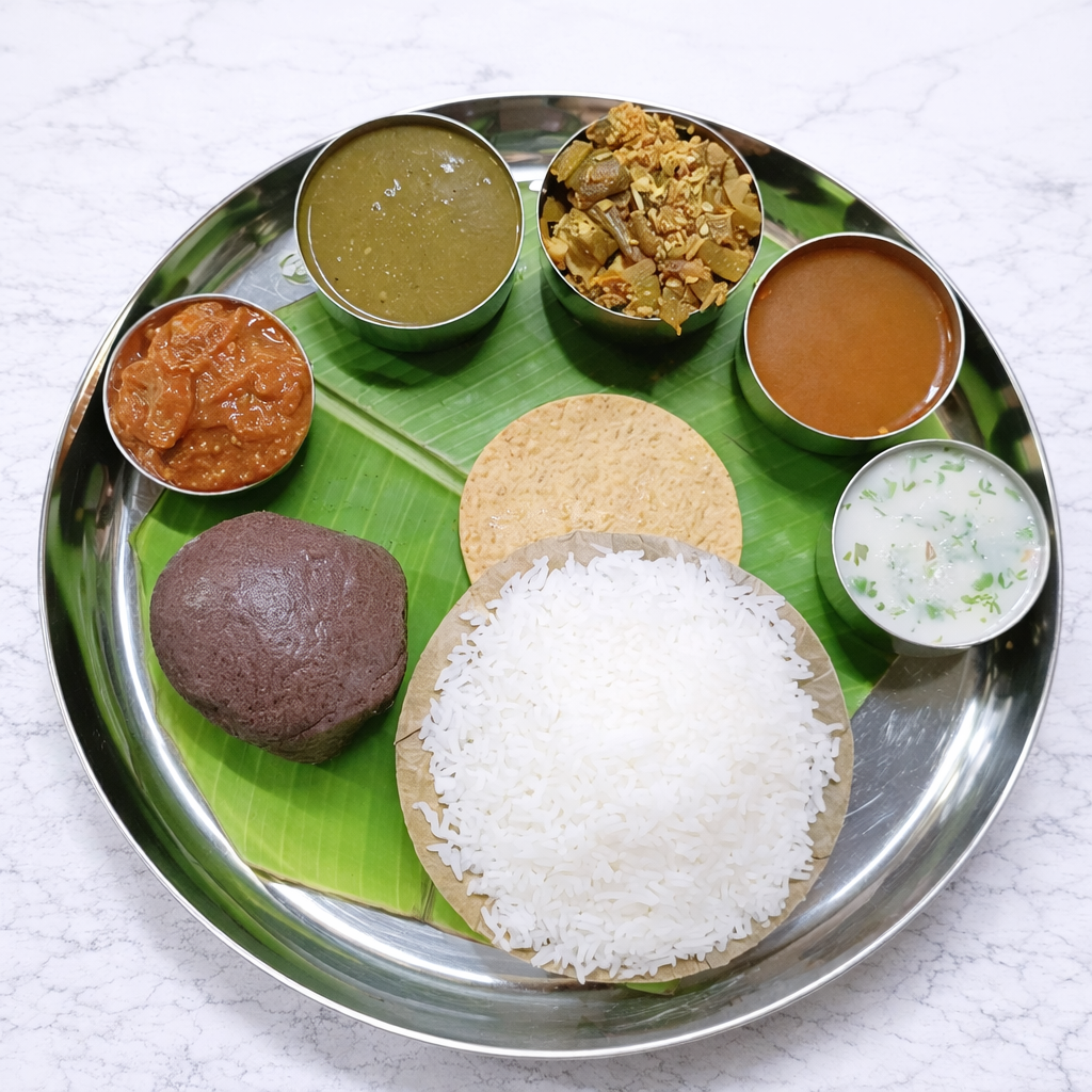 Mudde Meal (Ragi Mudde + Rice + Sambar + Rasam + Papad), 1 Plate