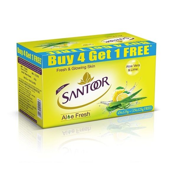 Santoor Aloe Fresh Soap - Aloe Vera & Lime, 125g (Buy 4 Get 1 Free)