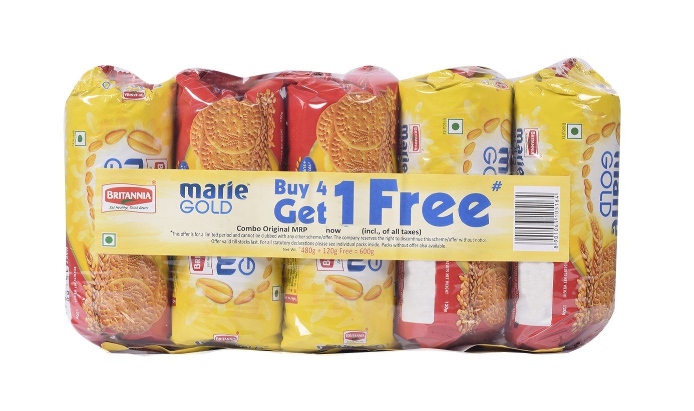 Britannia Marie Gold Biscuit Combi Pack (Buy 4 Get 1 Free), 480g + 120g Free