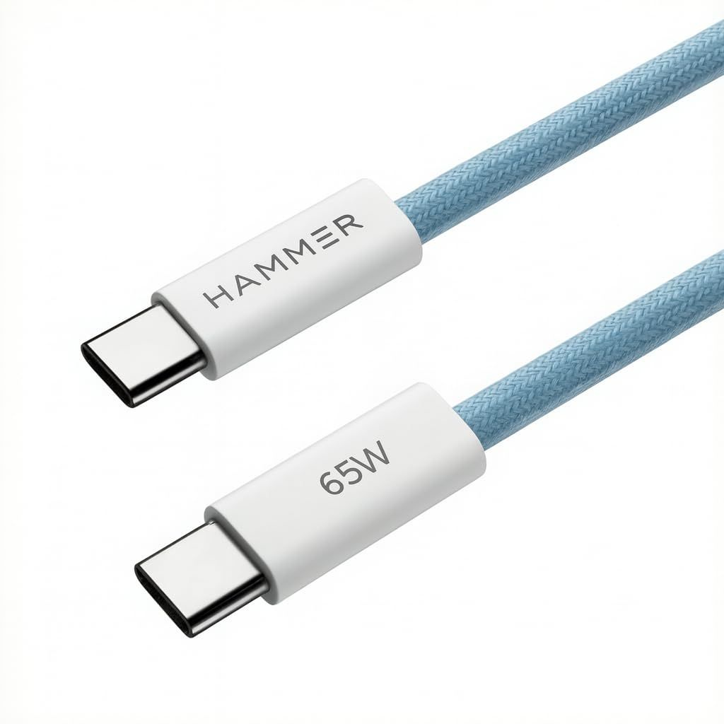 Hammer Type C to Type C Braided Cable (1.5mtr, 65W, Blue)