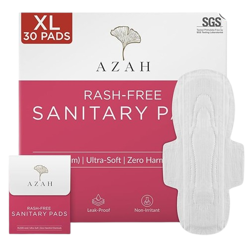 Azah Rash-Free Sanitary Pads With Disposable Bags - L to XL, 30pc (13.3cm, 15cm, 10cm)