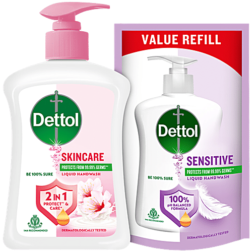 Dettol Hand Wash Liquid Pump - Skincare, 200ml + 175ml Refill Pack Free