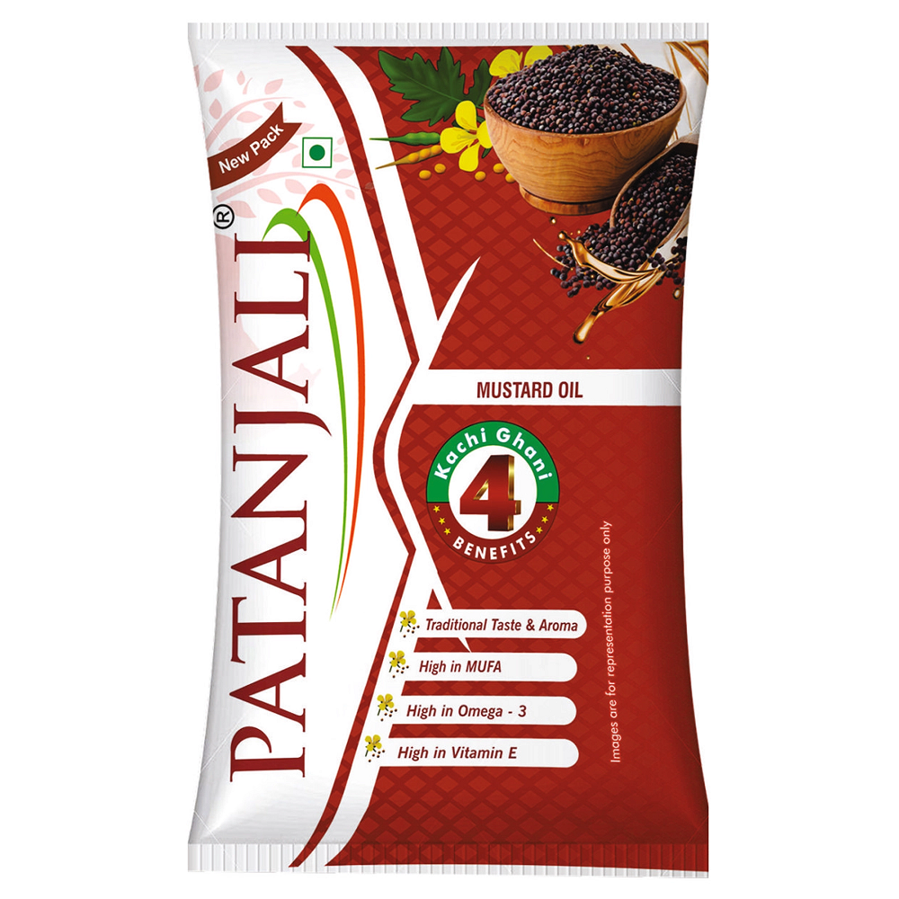 Patanjai Kachi Ghani Mustard Oil Pouch, 1L