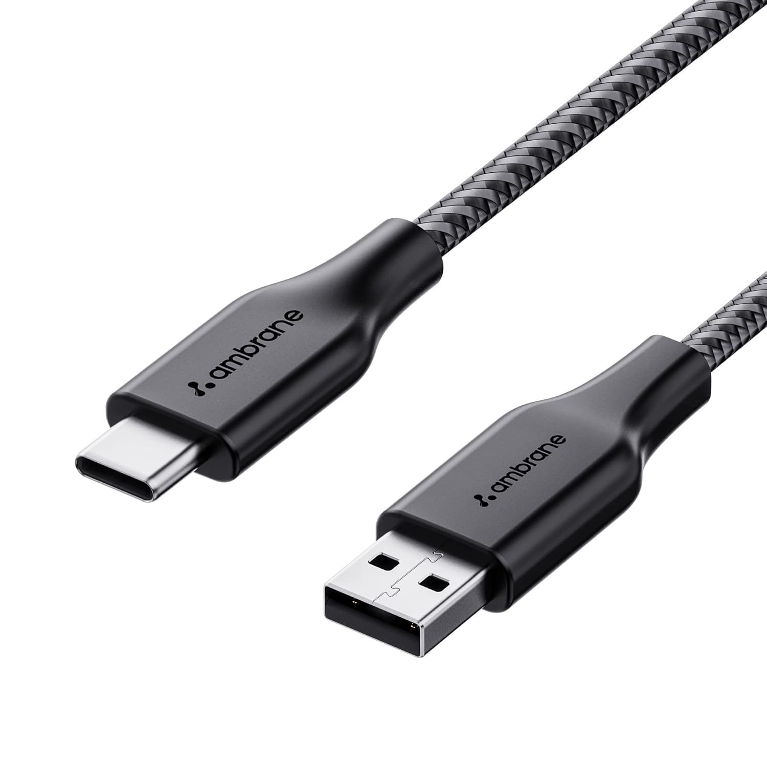 Ambrane | RCT15A | 3A Fast Charging Braided Type A to Type C Charging Cable  (1.5m, Black)