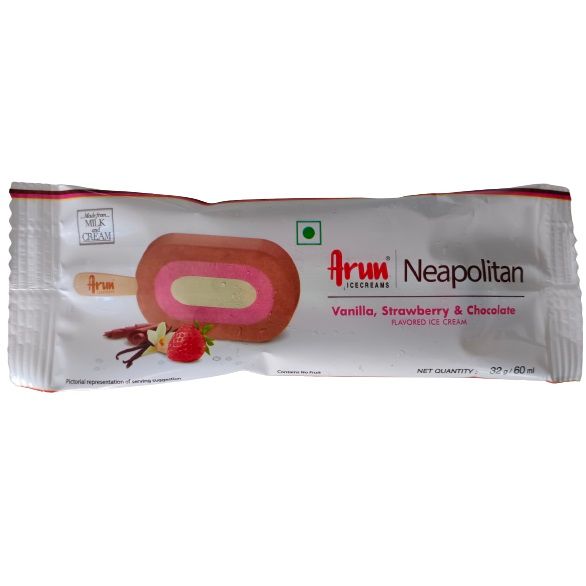 Arun Neapolitan Ice Cream - Vanilla, Strawberry & Chocolate, 60ml