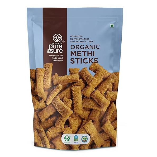 Phalada Pure & Sure Organic Namkeen Standy Pouch - Methi Sticks, 120g